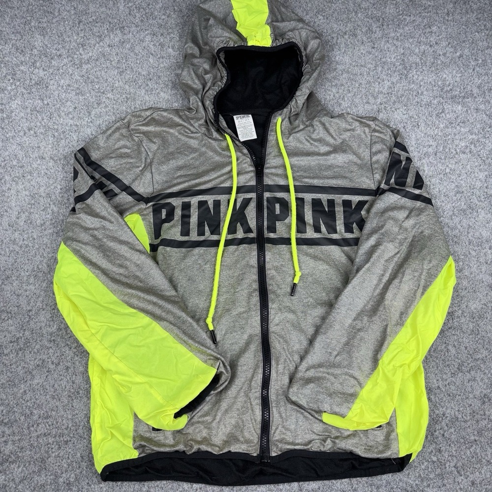 PINK Victoria's Secret Jacket Women's XS Gray Neon Full Zip Hooded Logo Casual